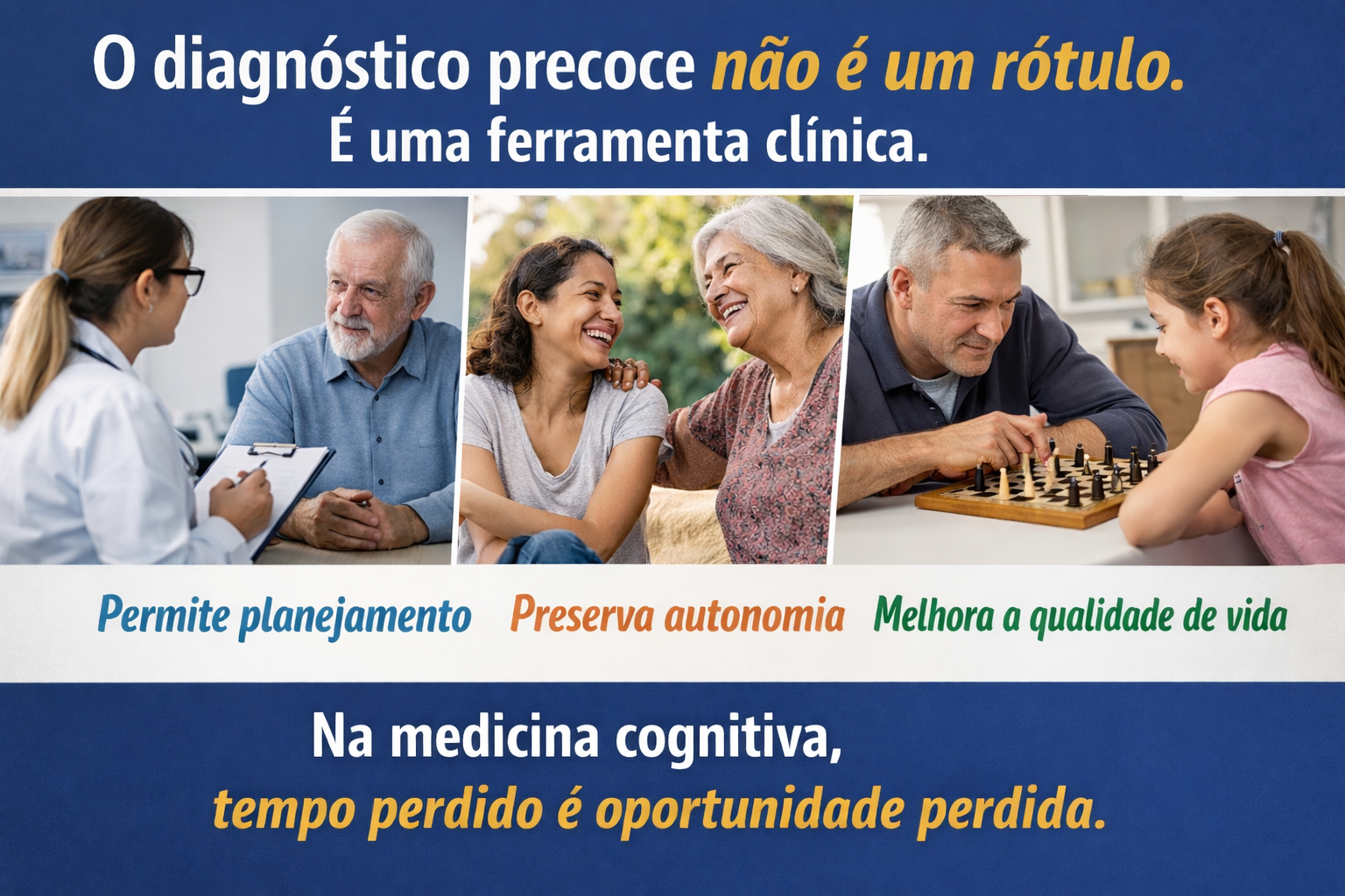 médico geriatra explicando diagnóstico precoce de Alzheimer para paciente idoso