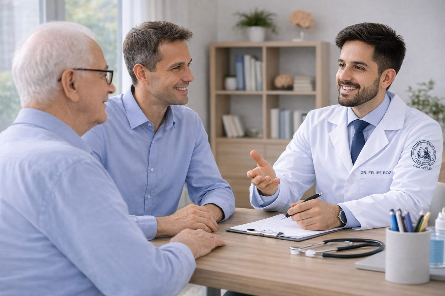 médico geriatra orientando familiar sobre sinais iniciais de Alzheimer