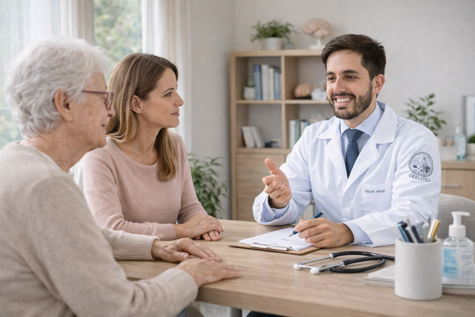 médico geriatra orientando família durante consulta de Alzheimer