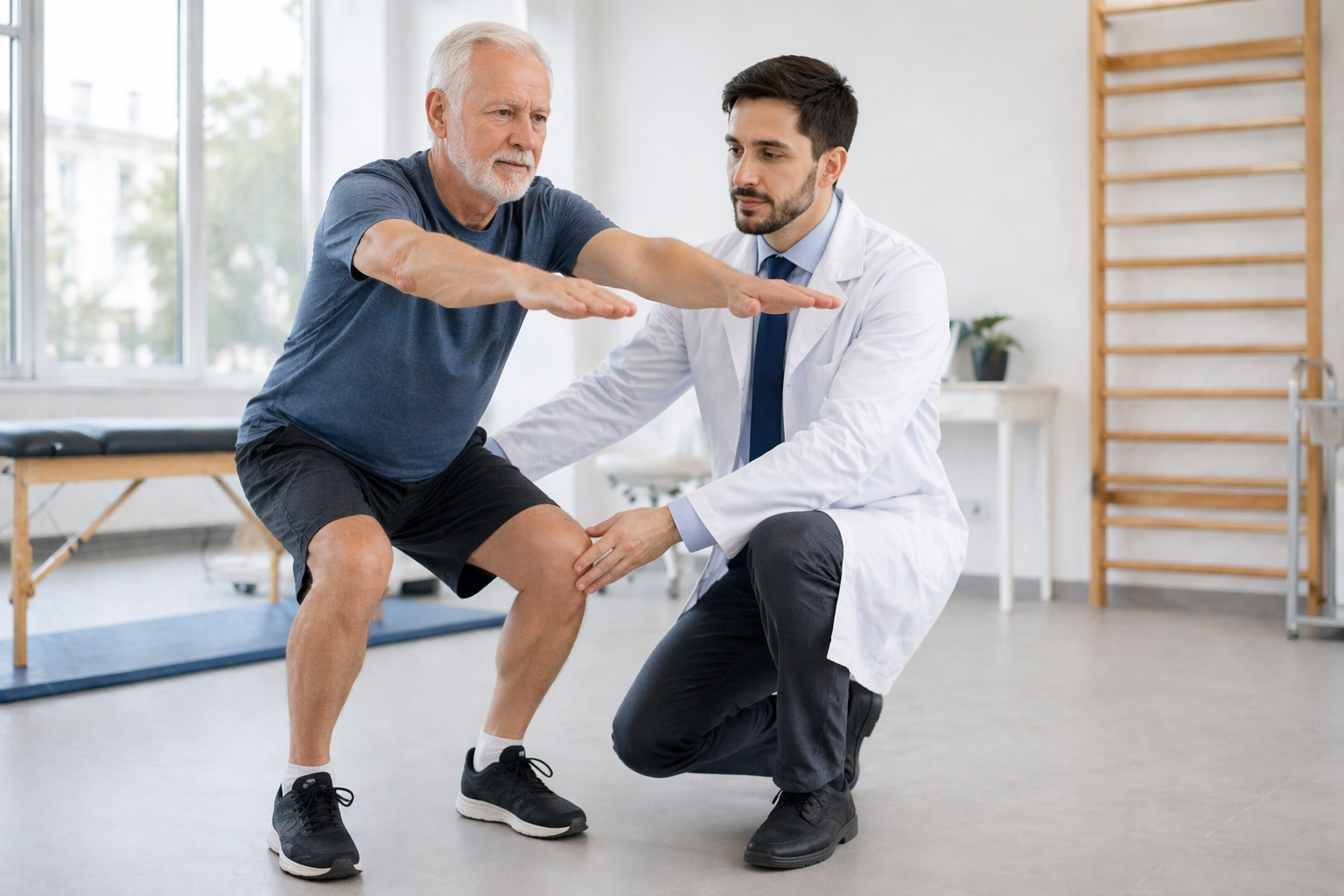 idoso em avaliação funcional com foco em dor e força muscular