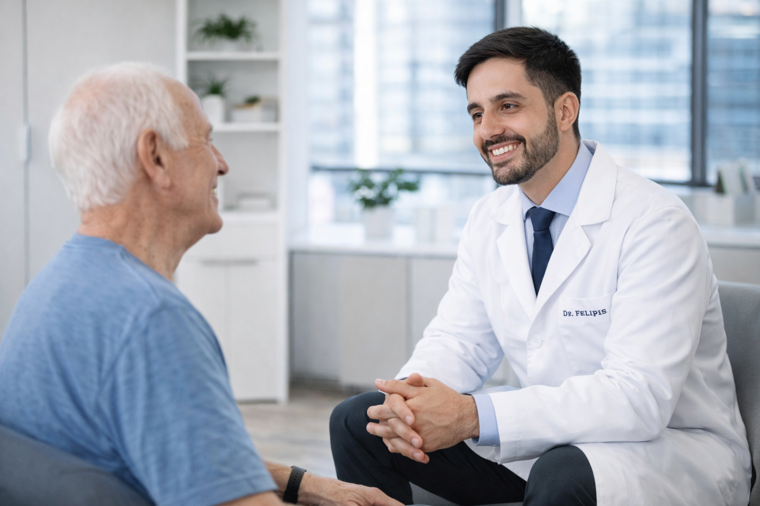 médico geriatra acompanhando idoso ativo em consulta preventiva