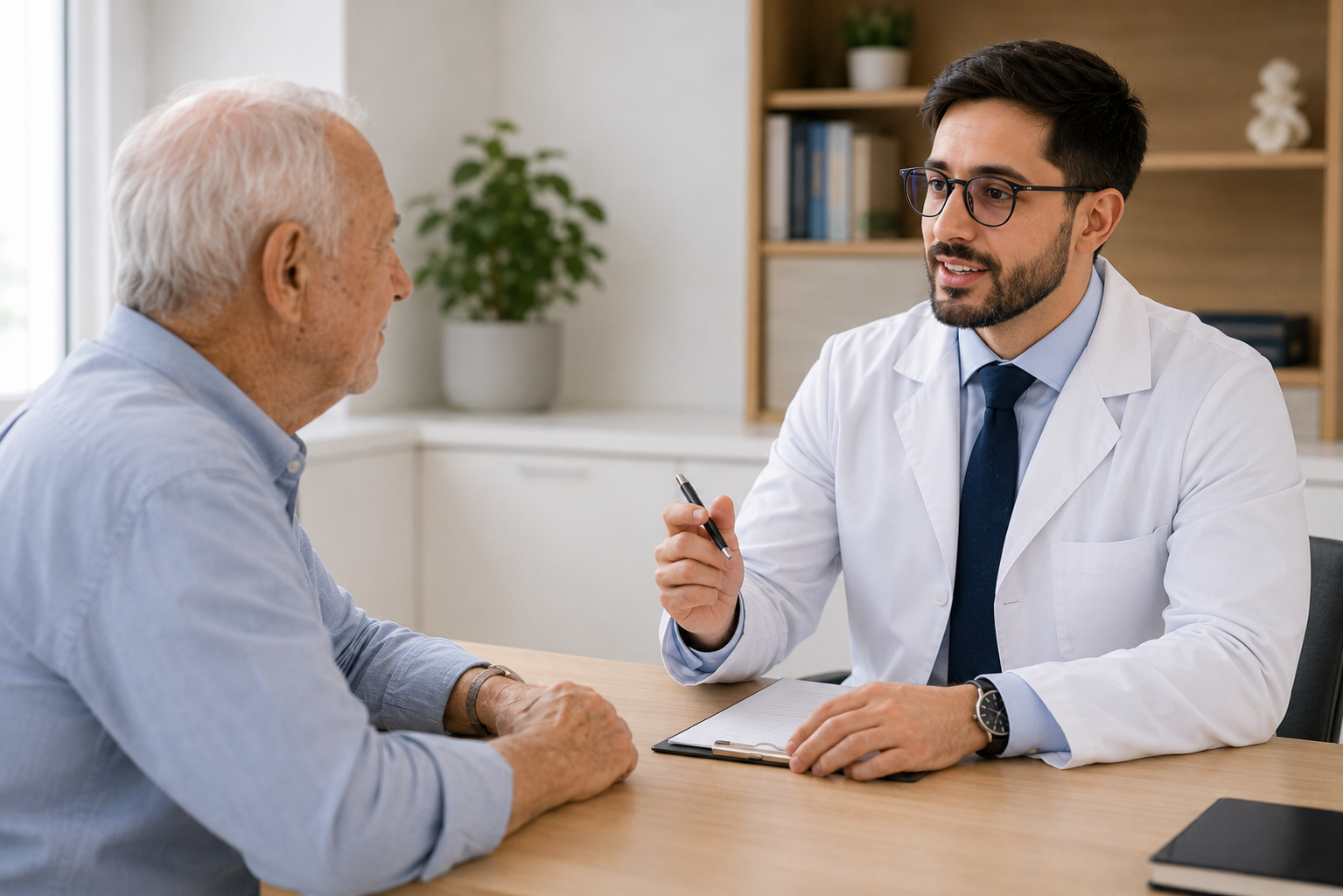 idoso em avaliação cognitiva com médico em ambiente clínico