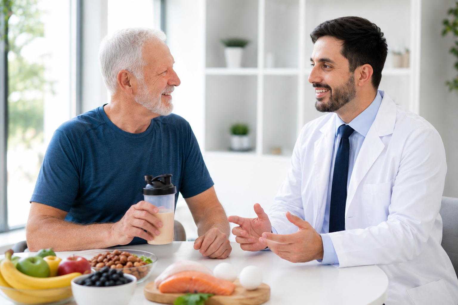 idoso ativo com orientação nutricional para sarcopenia e suplementação proteica