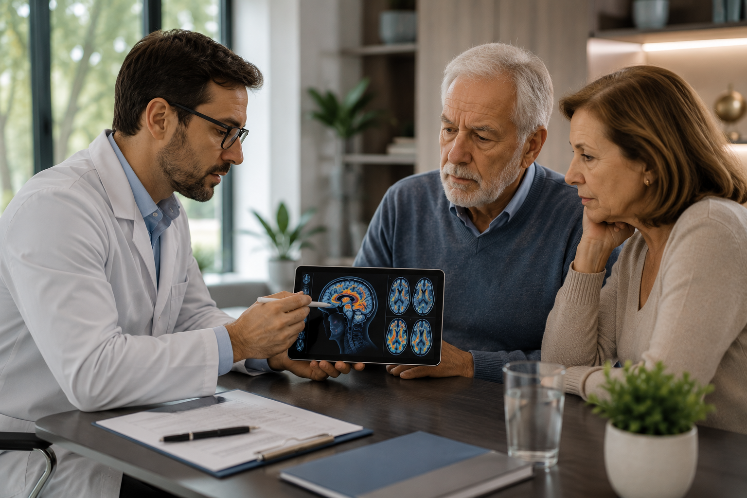 médico explicando relação entre metabolismo e saúde cerebral para paciente idoso