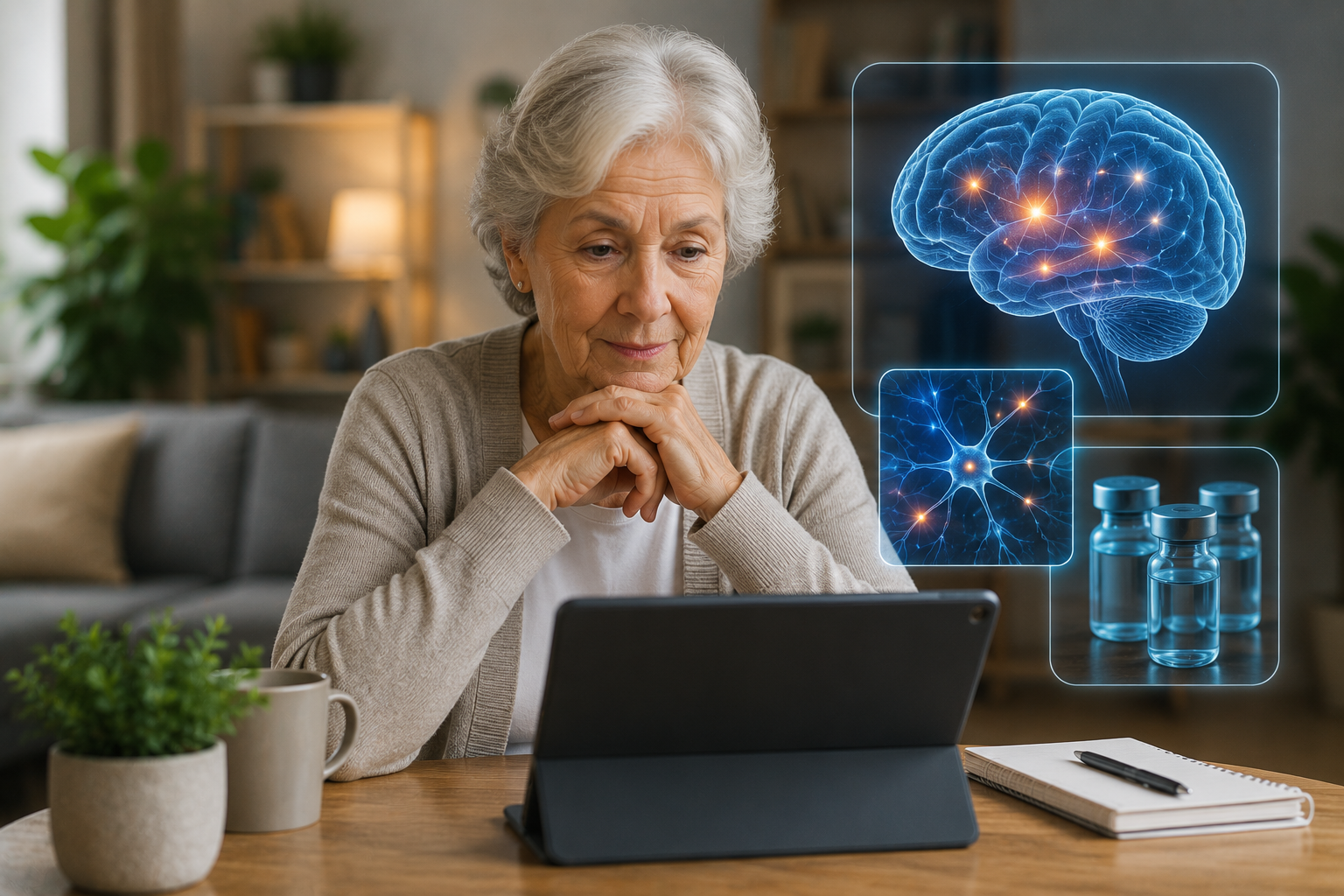 profissional de saúde explicando avanços no tratamento do Alzheimer para paciente e familiar